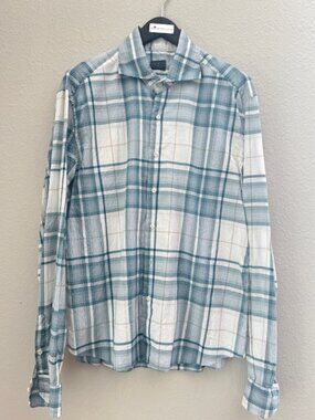 Eidos Napoli Shirt Mens 17/43 White Blue Button Up Cotton Blend Plaid Italy